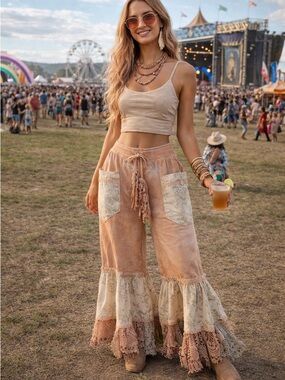 Just My Size Peach and Cream Cropped Boho Ruffle Pants